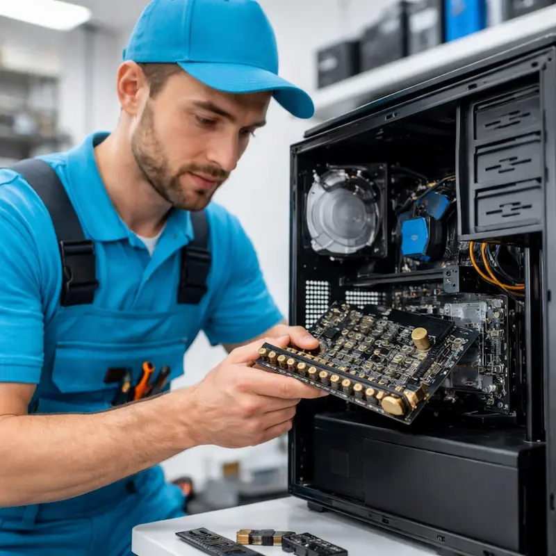 Мастер устанавливает звуковую карту на ПК в Твери